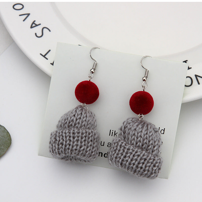 Mini Knit Beanie Drop Earrings - Grey
