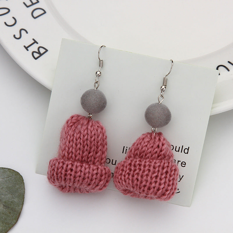 Mini Knit Beanie Drop Earrings - Pink
