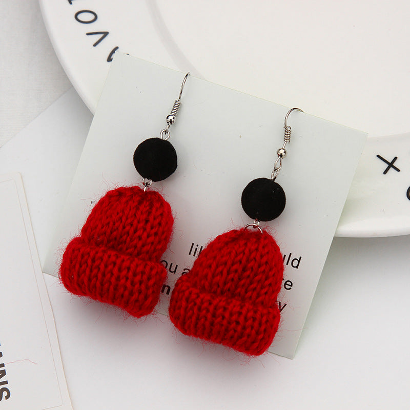 Mini Knit Beanie Drop Earrings - Red