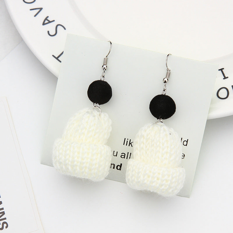 Mini Knit Beanie Drop Earrings - White