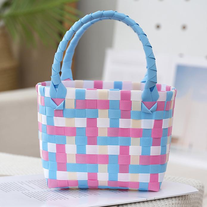 Checked Woven Picnic Basket Bag - Bluepink