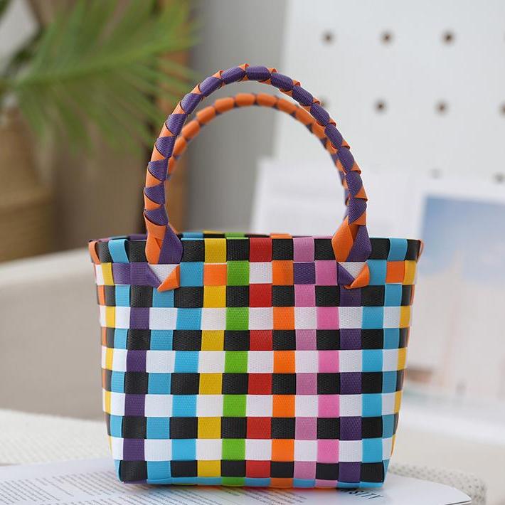 Checked Woven Picnic Basket Bag - PBlue