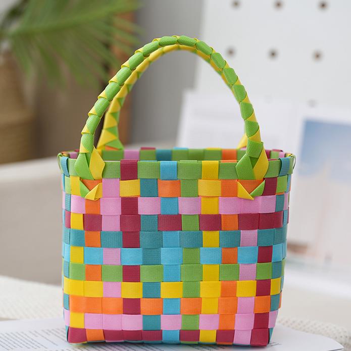 Checked Woven Picnic Basket Bag - PColor