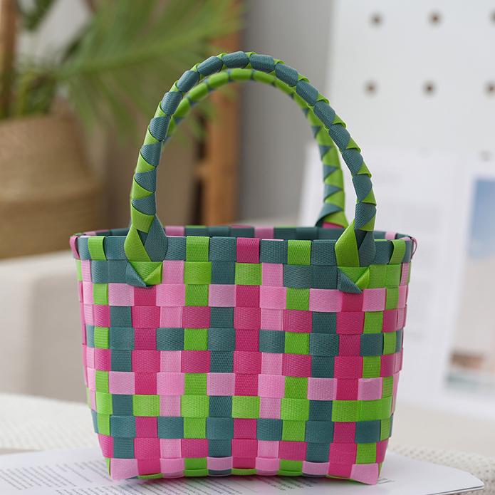 Checked Woven Picnic Basket Bag - PGreen
