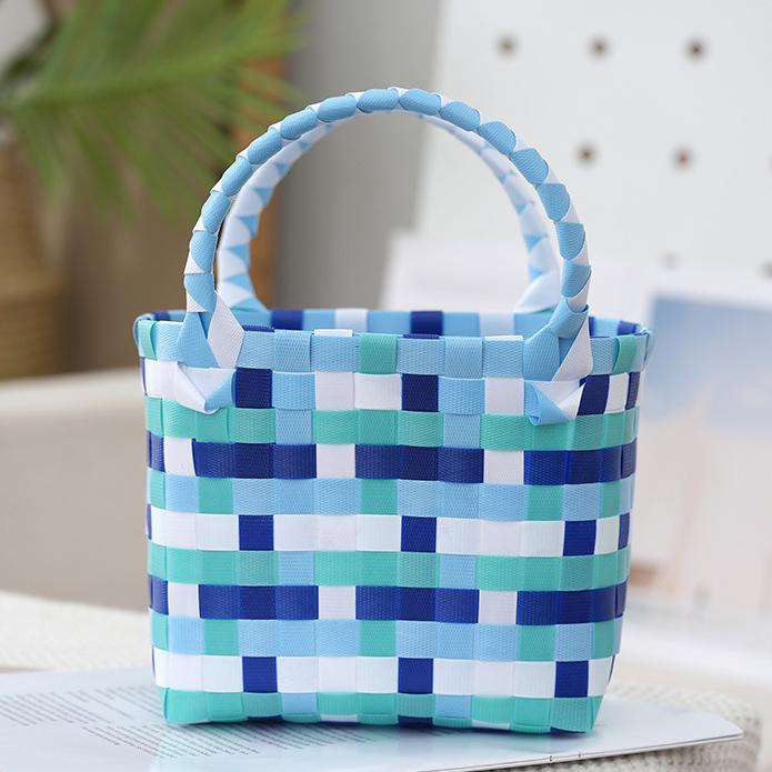 Checked Woven Picnic Basket Bag - Wblue