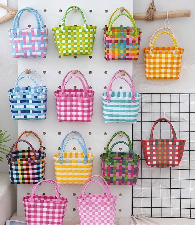 Checked Woven Picnic Basket Bag