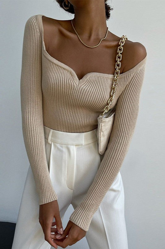 Sweetheart Neckline Fitted Rib Knit Top - Tan