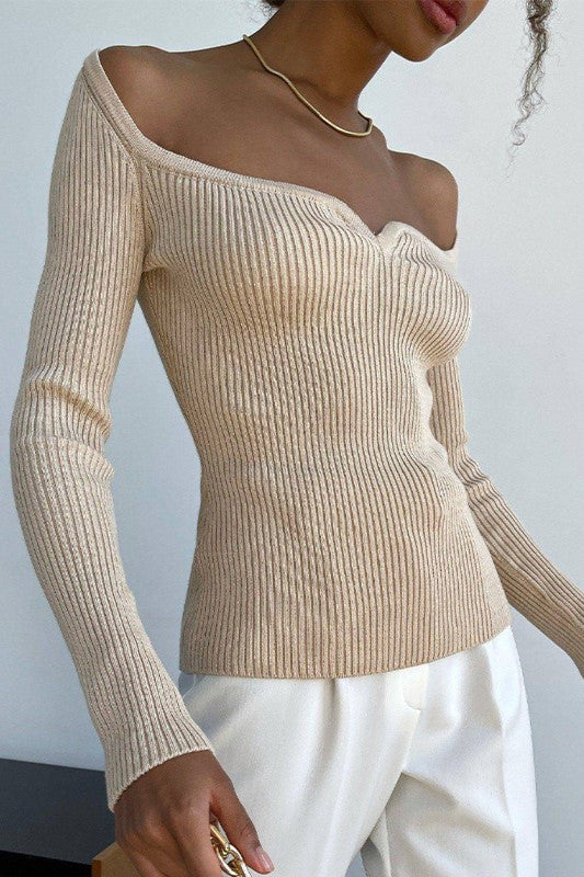 Sweetheart Neckline Fitted Rib Knit Top - Tan - 1