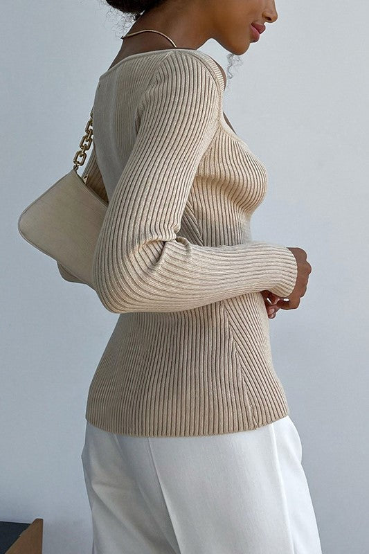 Sweetheart Neckline Fitted Rib Knit Top - Tan - 2