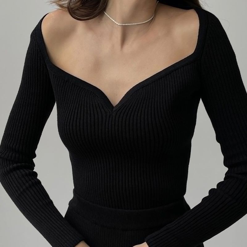 Sweetheart Neckline Fitted Rib Knit Top - black - 1