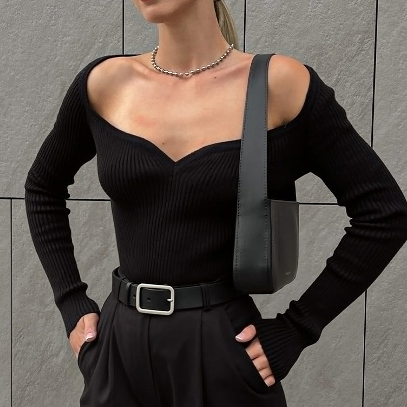 Sweetheart Neckline Fitted Rib Knit Top - black - 2