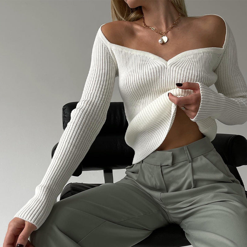 Sweetheart Neckline Fitted Rib Knit Top - white - 1