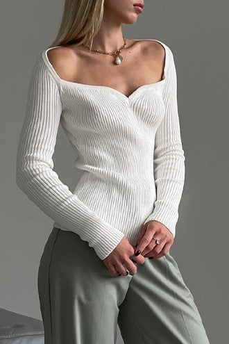 Sweetheart Neckline Fitted Rib Knit Top - white - 3