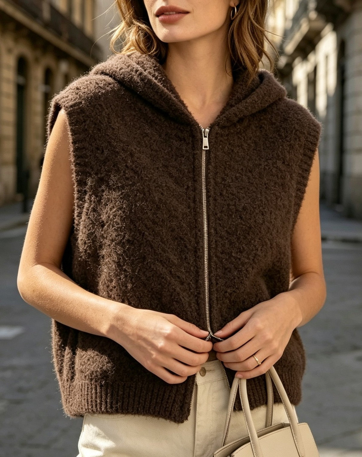 Fluffy Knit Hooded Zip Front Relaxed Fit Vest - Coffee