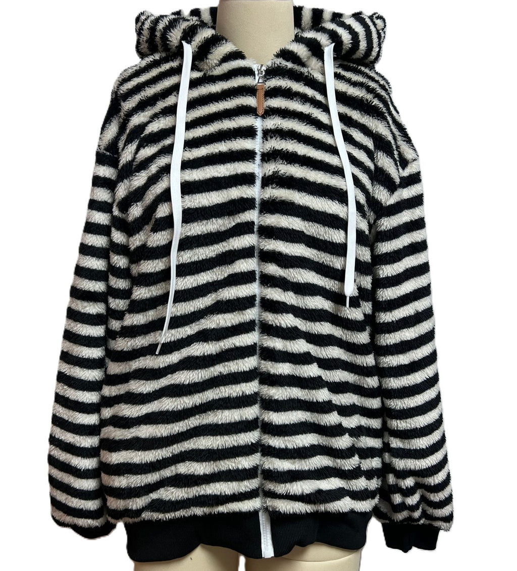 Cozy Striped Plush Hooded Zip Cardigan - Black