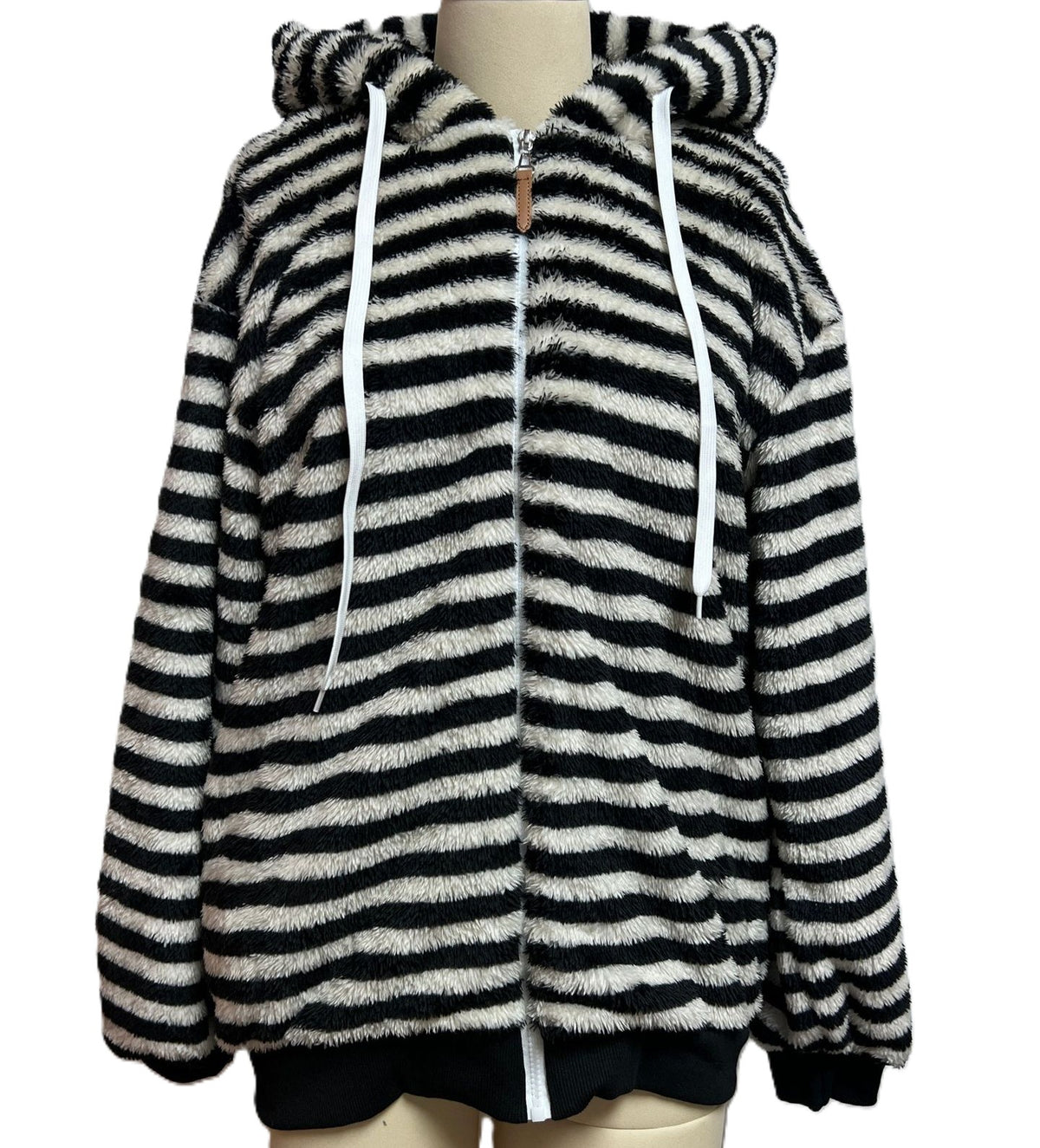 Cozy Striped Plush Hooded Zip Cardigan - Black