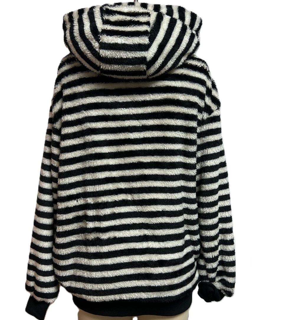 Cozy Striped Plush Hooded Zip Cardigan - Black - 1