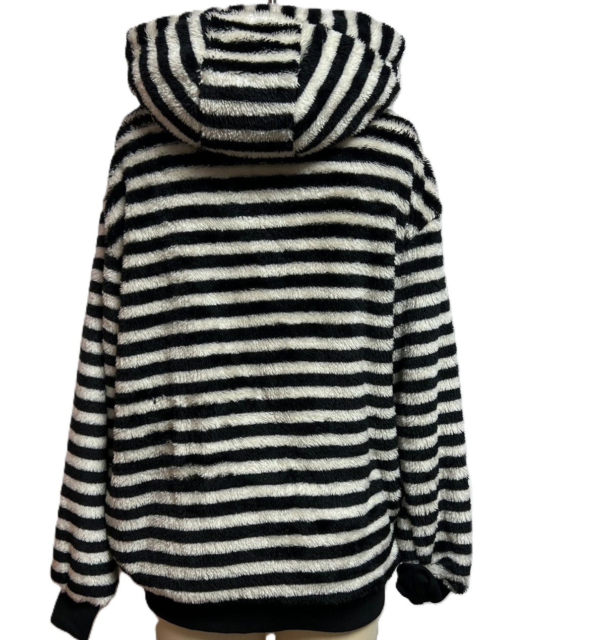 Cozy Striped Plush Hooded Zip Cardigan - Black - 1