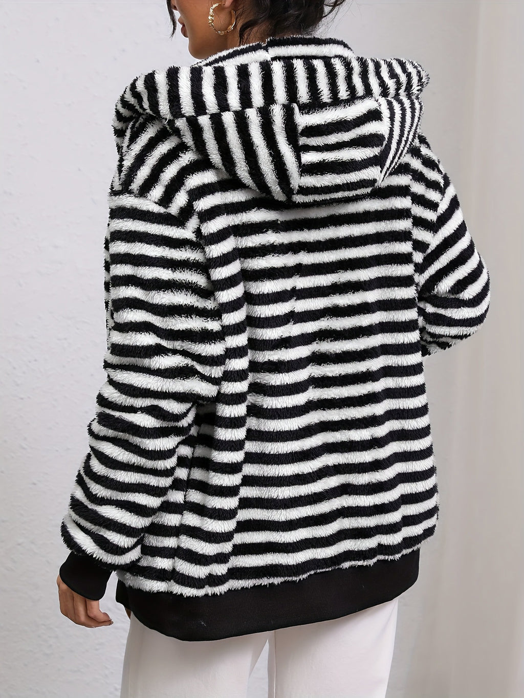 Cozy Striped Plush Hooded Zip Cardigan - Black - 2