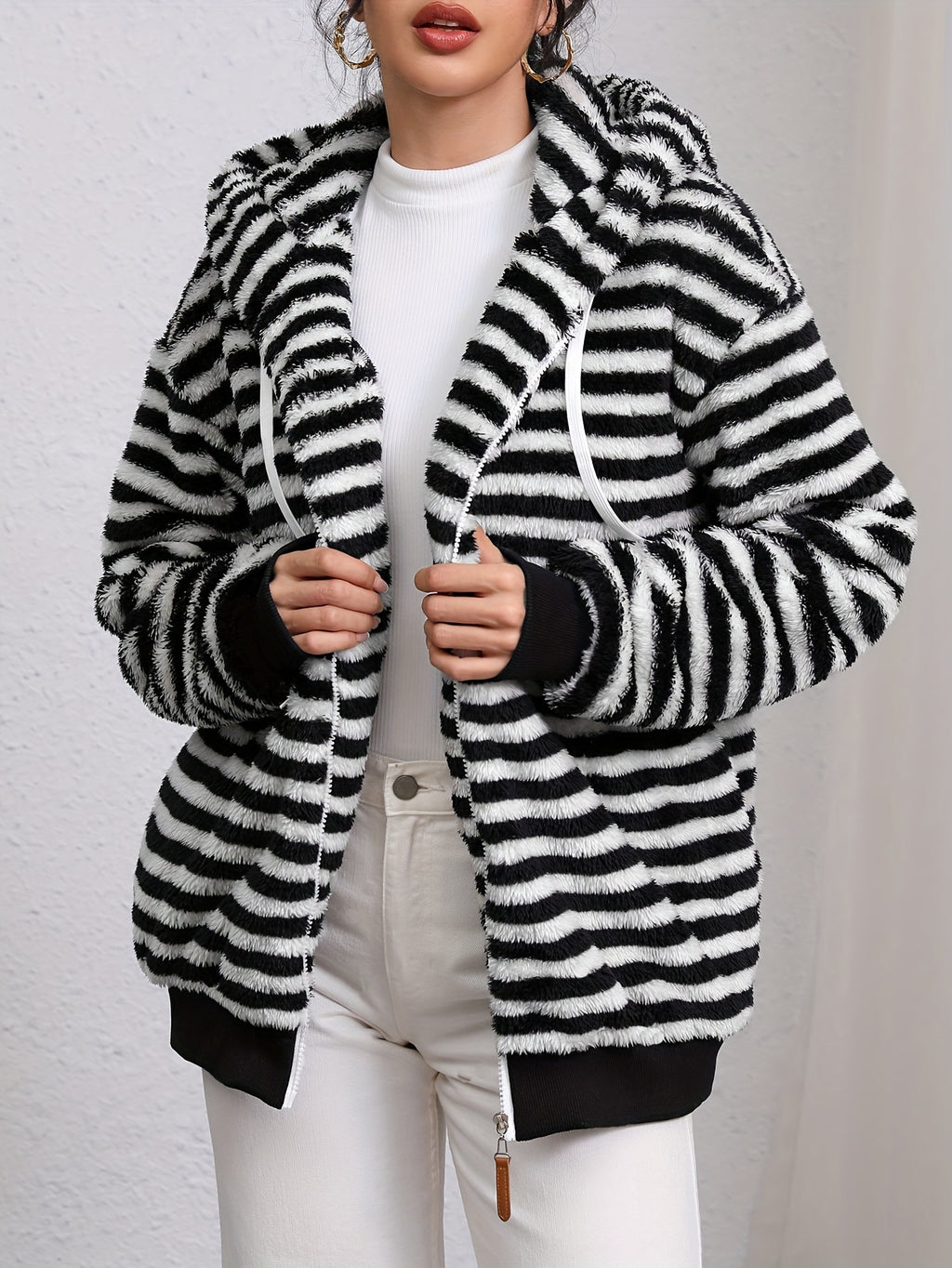 Cozy Striped Plush Hooded Zip Cardigan