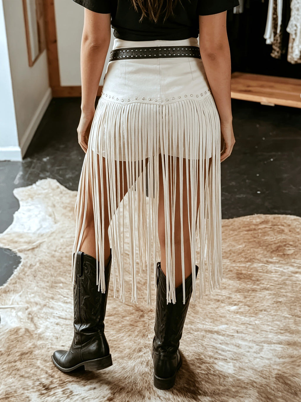 Western Fringe Faux Suede Midi Skirt - Beige - 2