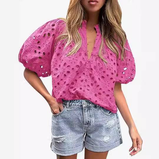 Eyelet Lace Puff Sleeve Split Neck Blouse - Fuchsia