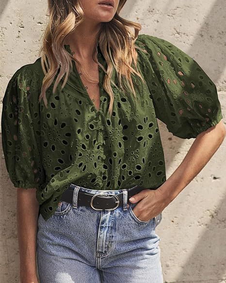 Eyelet Lace Puff Sleeve Split Neck Blouse - Olive