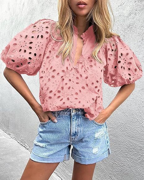 Eyelet Lace Puff Sleeve Split Neck Blouse - pink