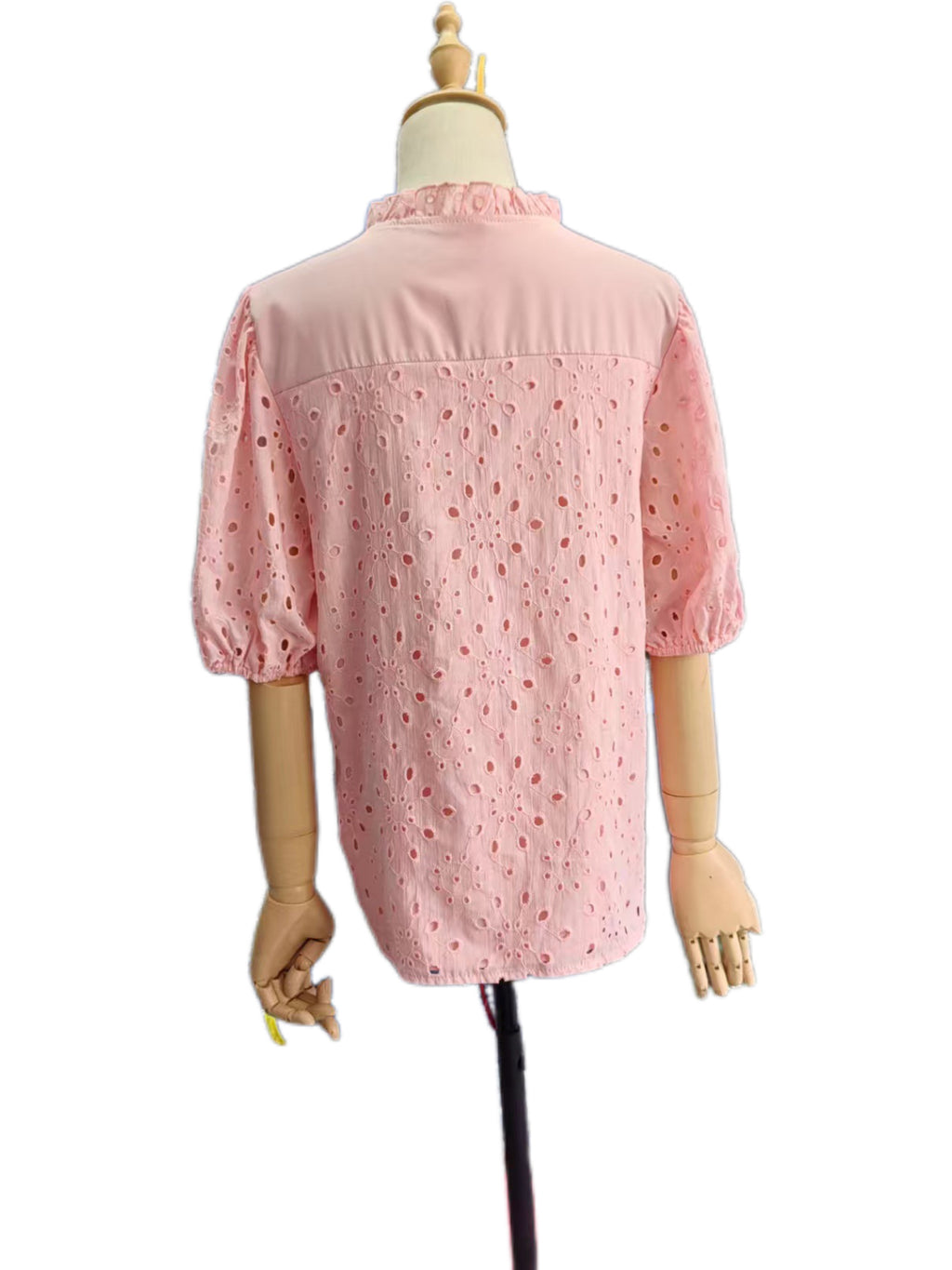 Eyelet Lace Puff Sleeve Split Neck Blouse - pink - 1