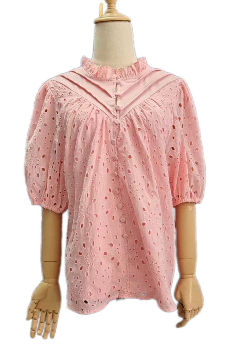 Eyelet Lace Puff Sleeve Split Neck Blouse - pink - 2