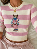 Embroidered Bear Striped Cropped Knit Sweater - Pink