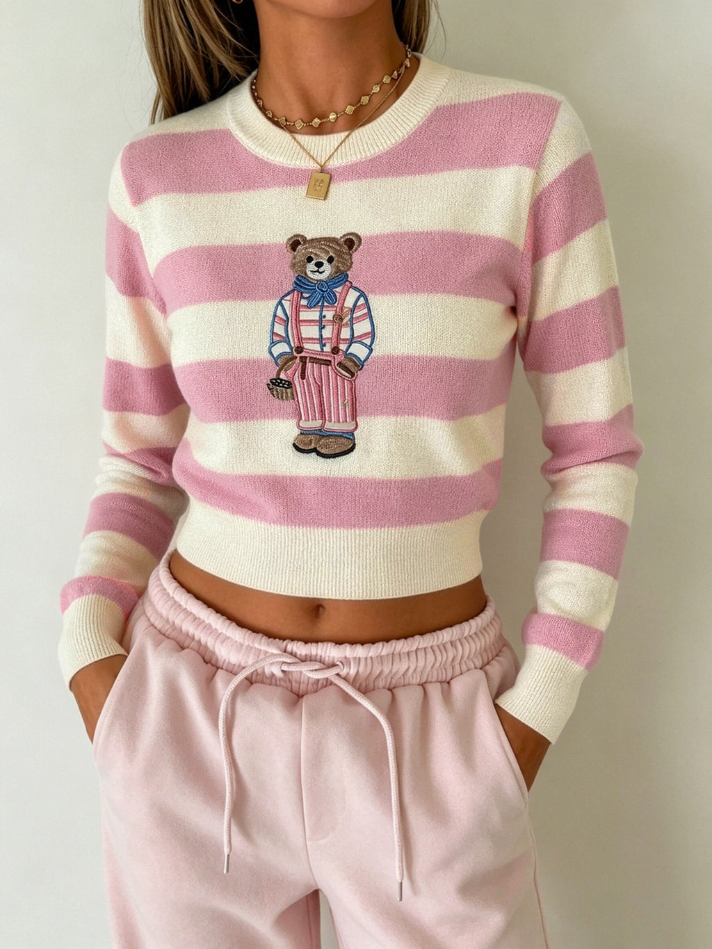 Embroidered Bear Striped Cropped Knit Sweater - Pink - 1