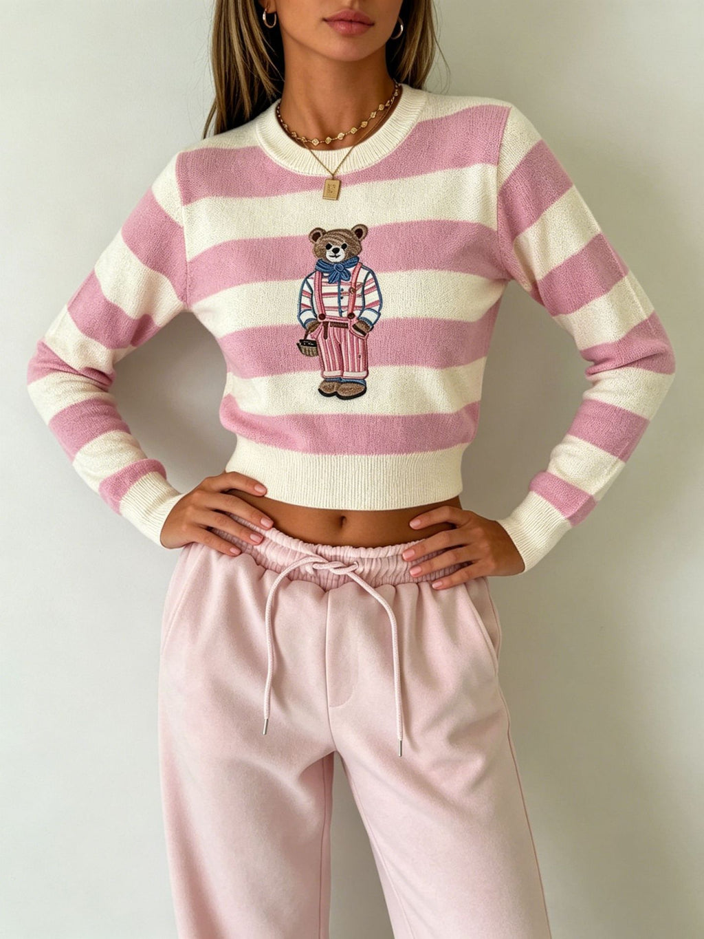 Embroidered Bear Striped Cropped Knit Sweater - Pink - 3