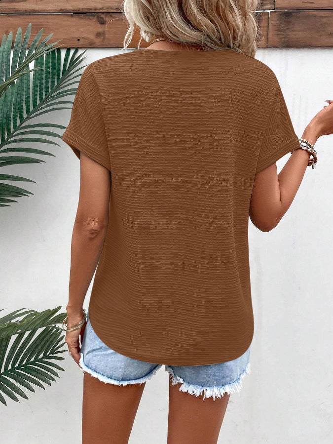 Textured Knit V Neck Dolman Sleeve Top - Brown - 2