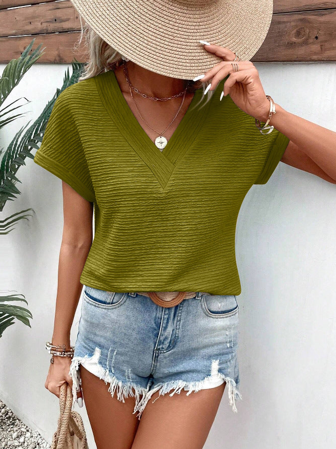 Textured Knit V Neck Dolman Sleeve Top - Olivegreen - 2