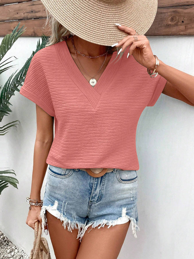 Textured Knit V Neck Dolman Sleeve Top - Pink