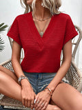 Textured Knit V Neck Dolman Sleeve Top - Red