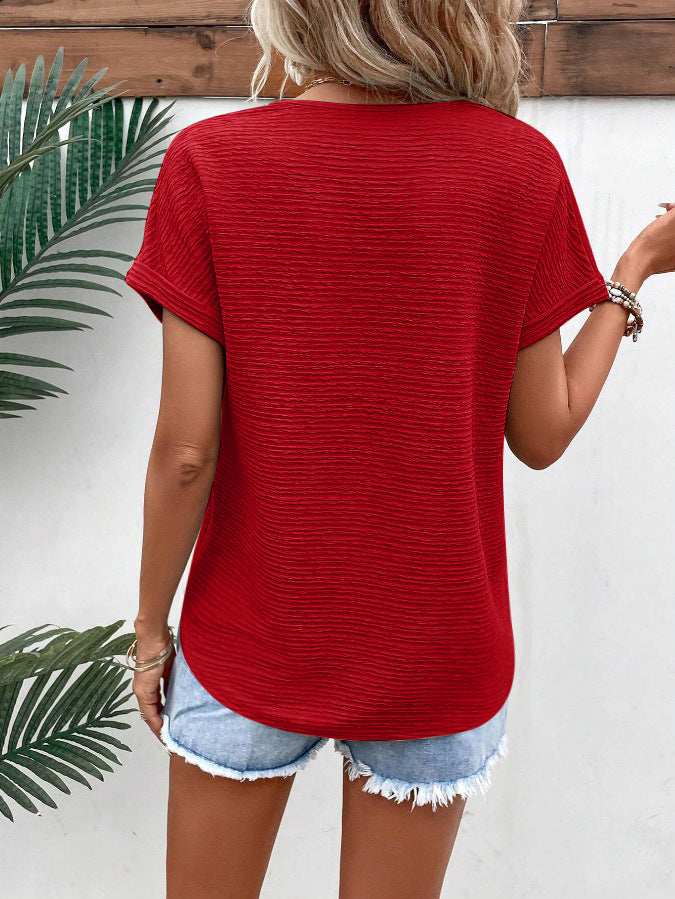 Textured Knit V Neck Dolman Sleeve Top - Red - 2