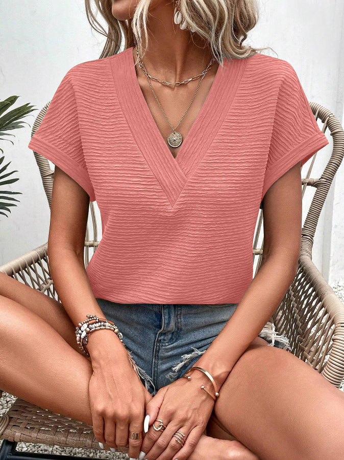Textured Knit V Neck Dolman Sleeve Top