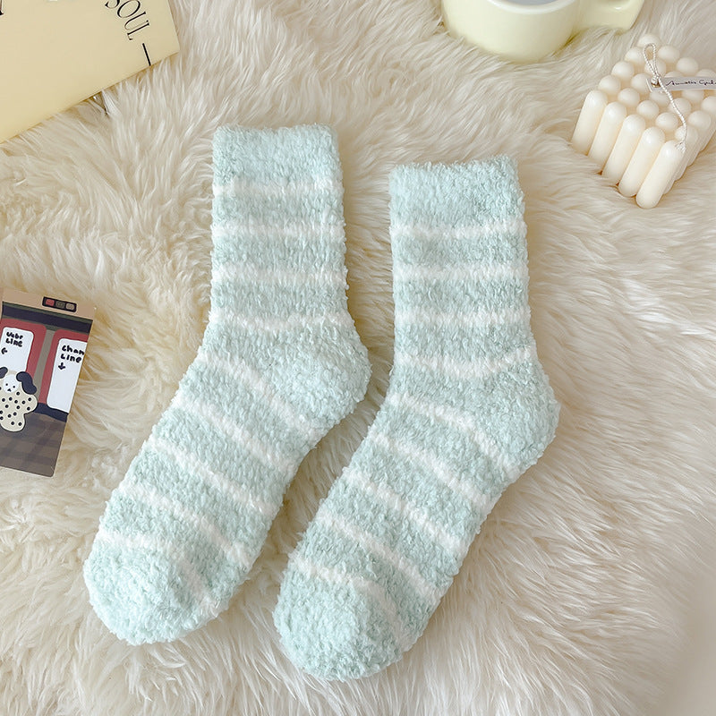 Fuzzy Striped Coral Fleece Cosy Socks - Green