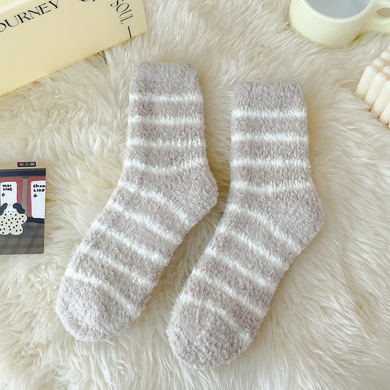 Fuzzy Striped Coral Fleece Cosy Socks - Khaki