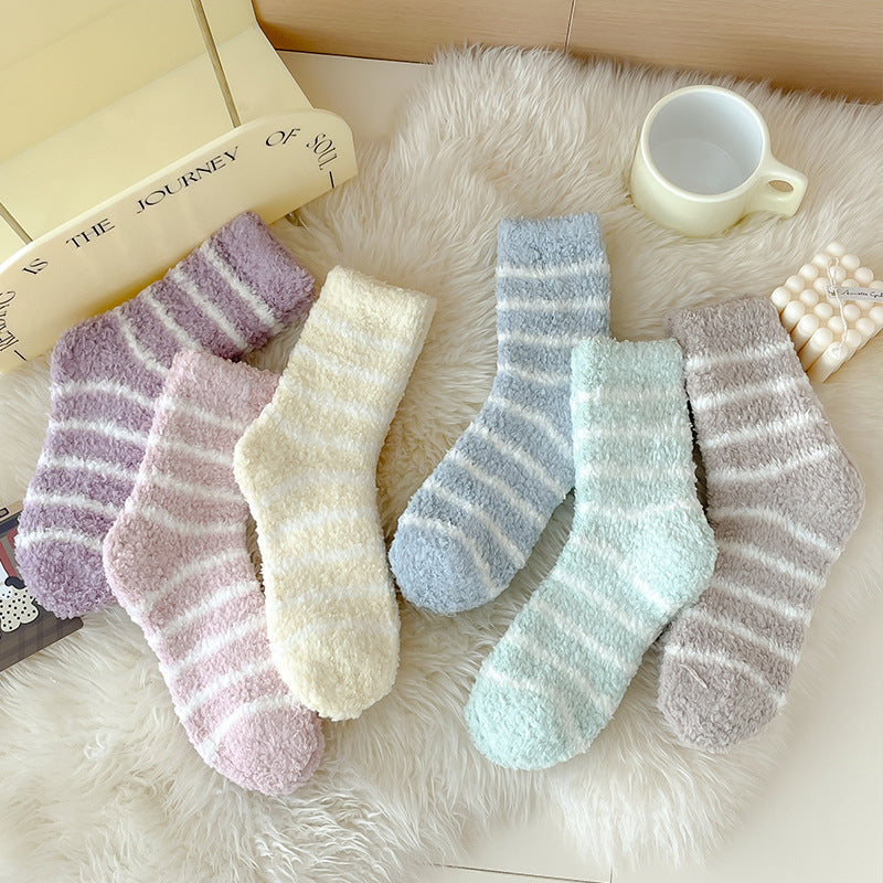 Fuzzy Striped Coral Fleece Cosy Socks - Purple