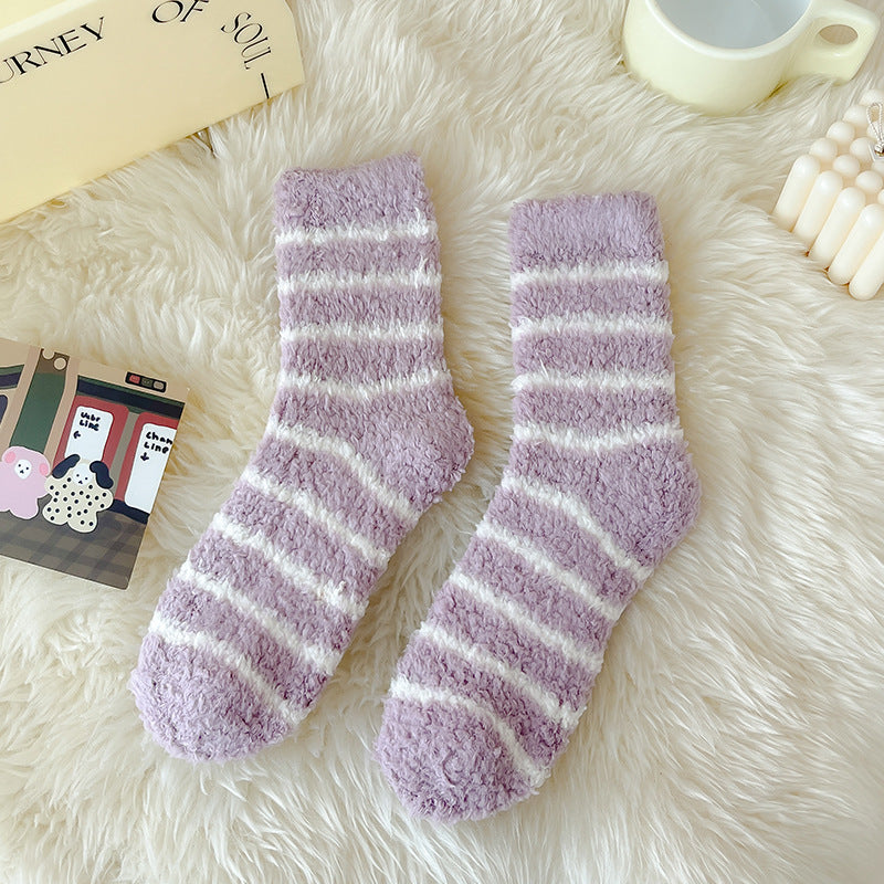 Fuzzy Striped Coral Fleece Cosy Socks - Purple - 1