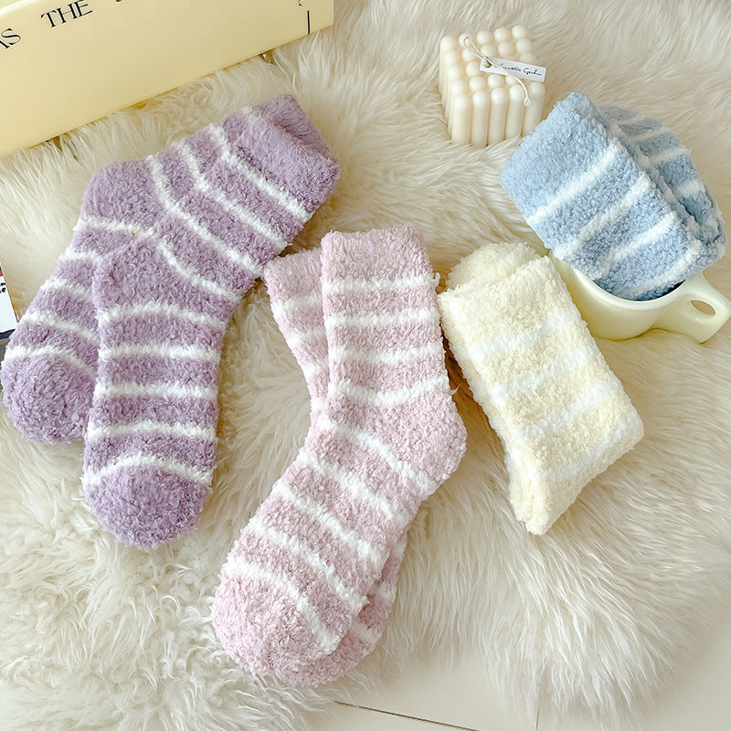 Fuzzy Striped Coral Fleece Cosy Socks - Purple - 2