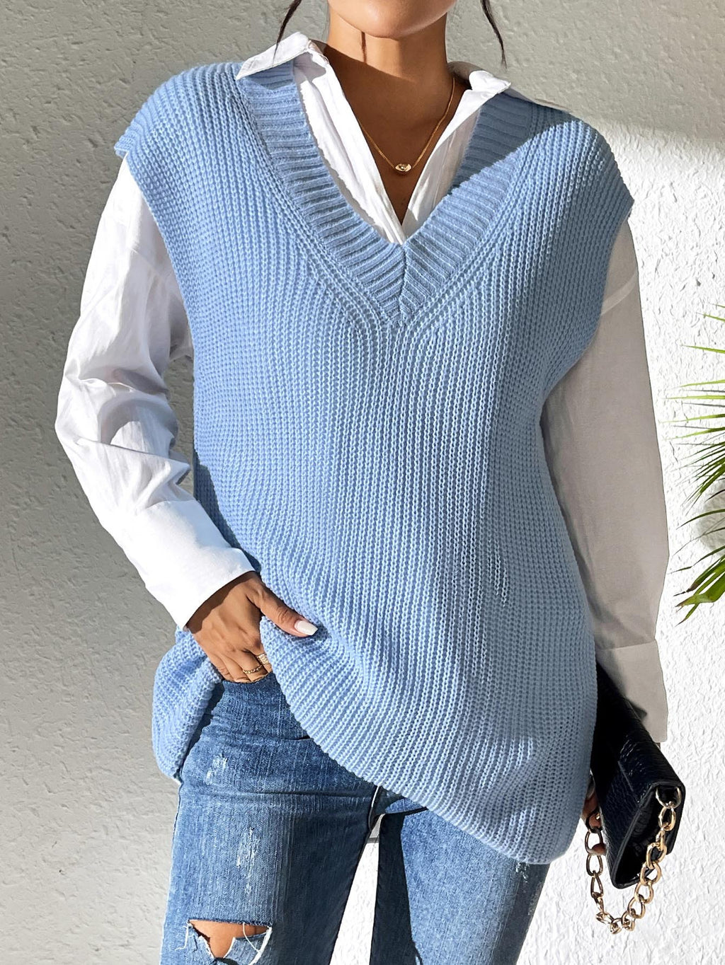 Ribbed V-Neck Longline Sweater Vest - blue - 2