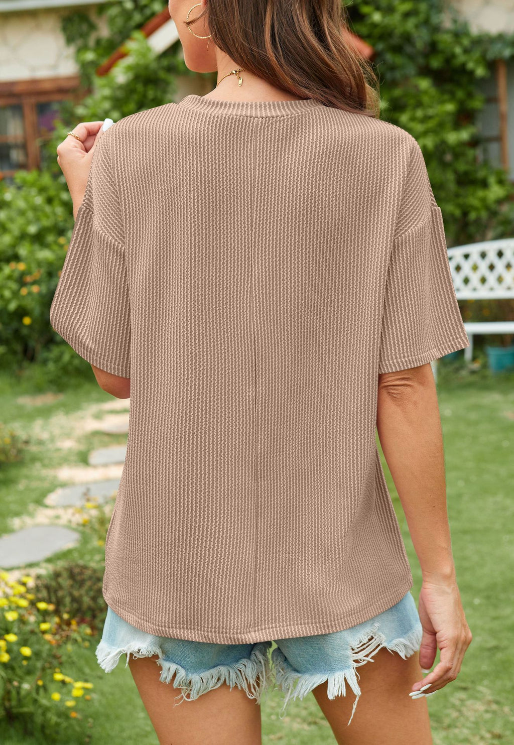 Ribbed Texture Chest Pocket Oversized Tee - Khaki - 1