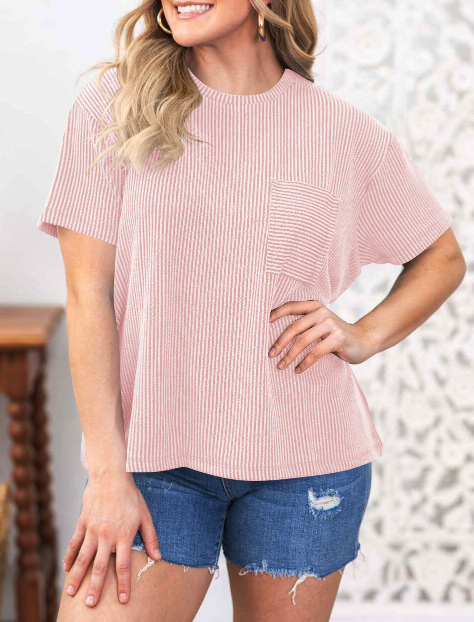 Ribbed Texture Chest Pocket Oversized Tee - Pink - 2
