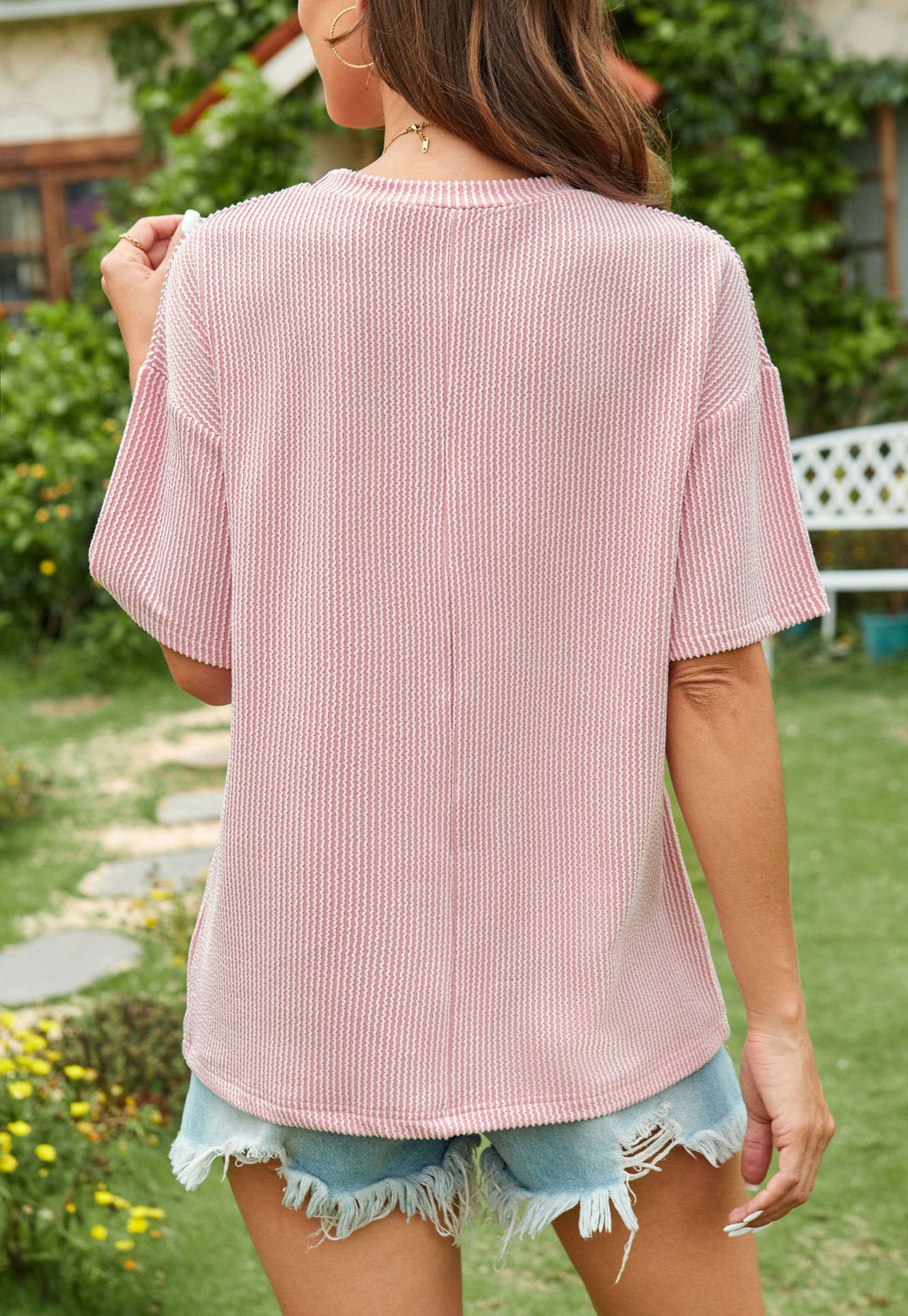 Ribbed Texture Chest Pocket Oversized Tee - Pink - 4