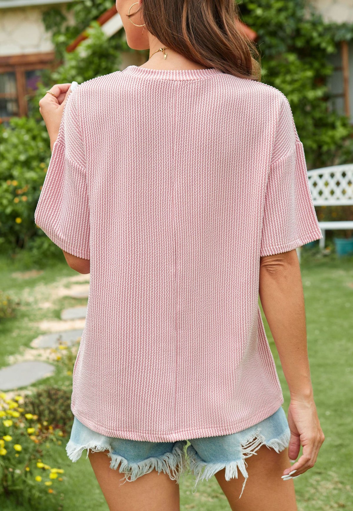 Ribbed Texture Chest Pocket Oversized Tee - Pink - 4