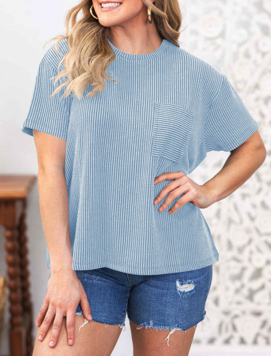 Ribbed Texture Chest Pocket Oversized Tee - SkyBlue - 1